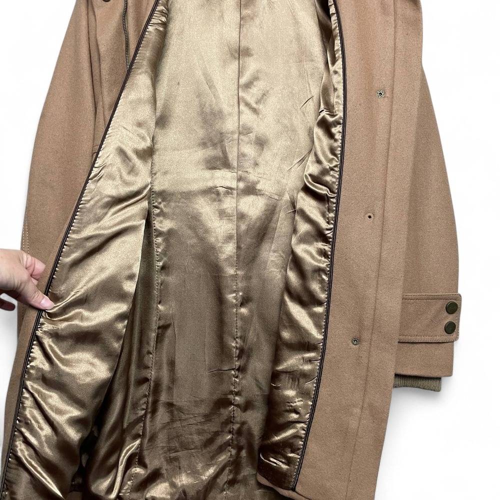 Vintage Y2K Kenneth Cole Wool Blend Hooded Camel Coat Longline Jacket 12 Travel - Picture 5 of 11